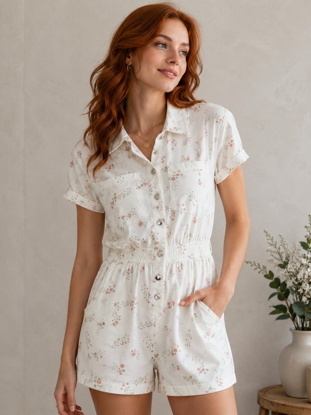 Celebrity Pink Cream with Pink Flowers Short Boilersuit Romper Button Up L 11-13